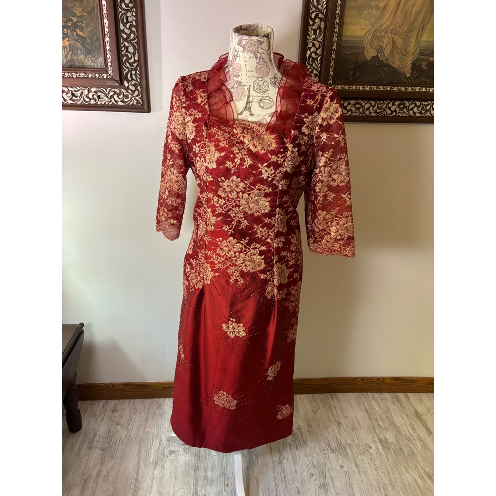Red Gold Floral Lace Cheongsam Dress Mandarin Collar Style Evening SZ 6/8 - Picture 15 of 15